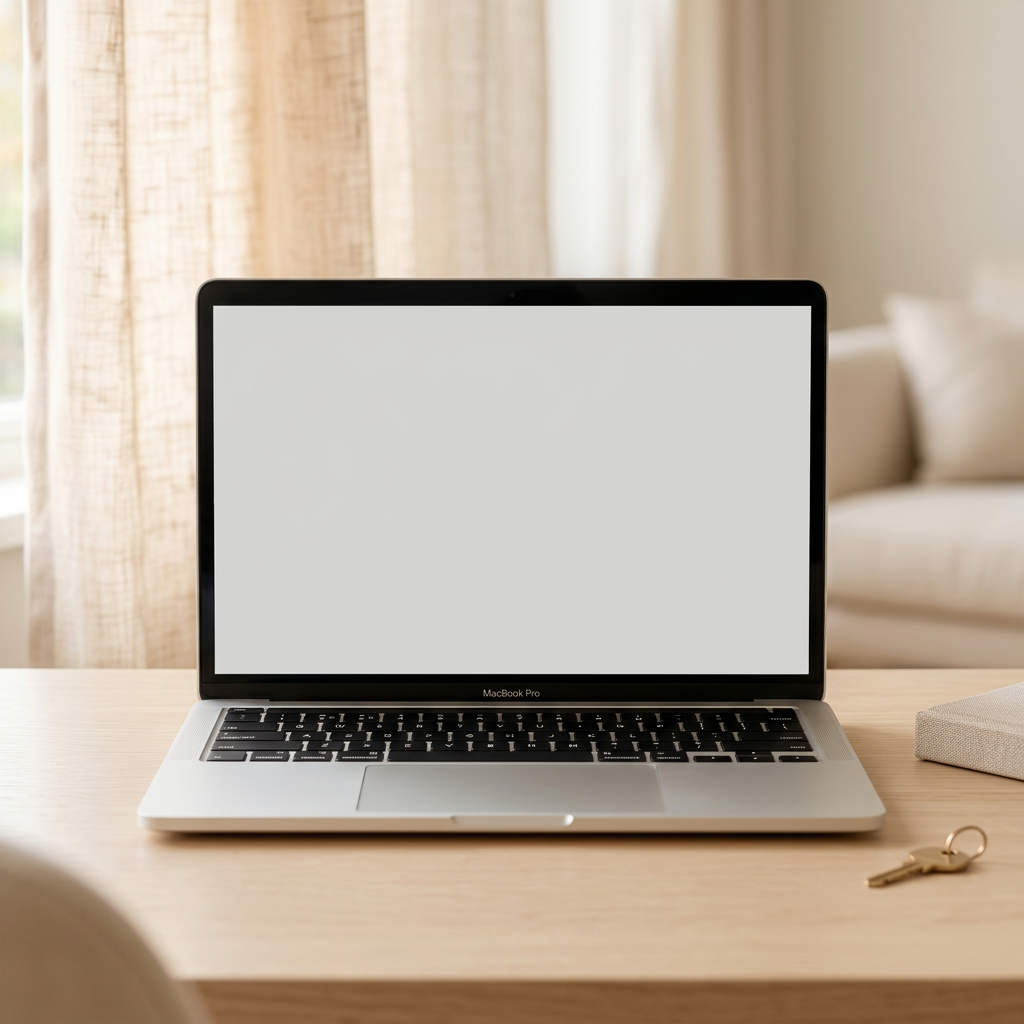 MacBook ouvert sur un bureau, affichant le tableau de bord propriétaire Serenity
